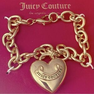 JUICY COUTURE Gold Tone Puffy Heart Starter Charm Bracelet Safety Clasp Gift Box